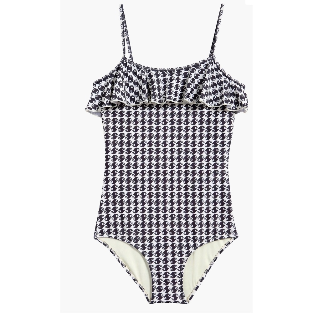 Boardies Kids Sea Hound Ruffle One-Piece Swimsuit Black Cream UPF 50 Size 11-12